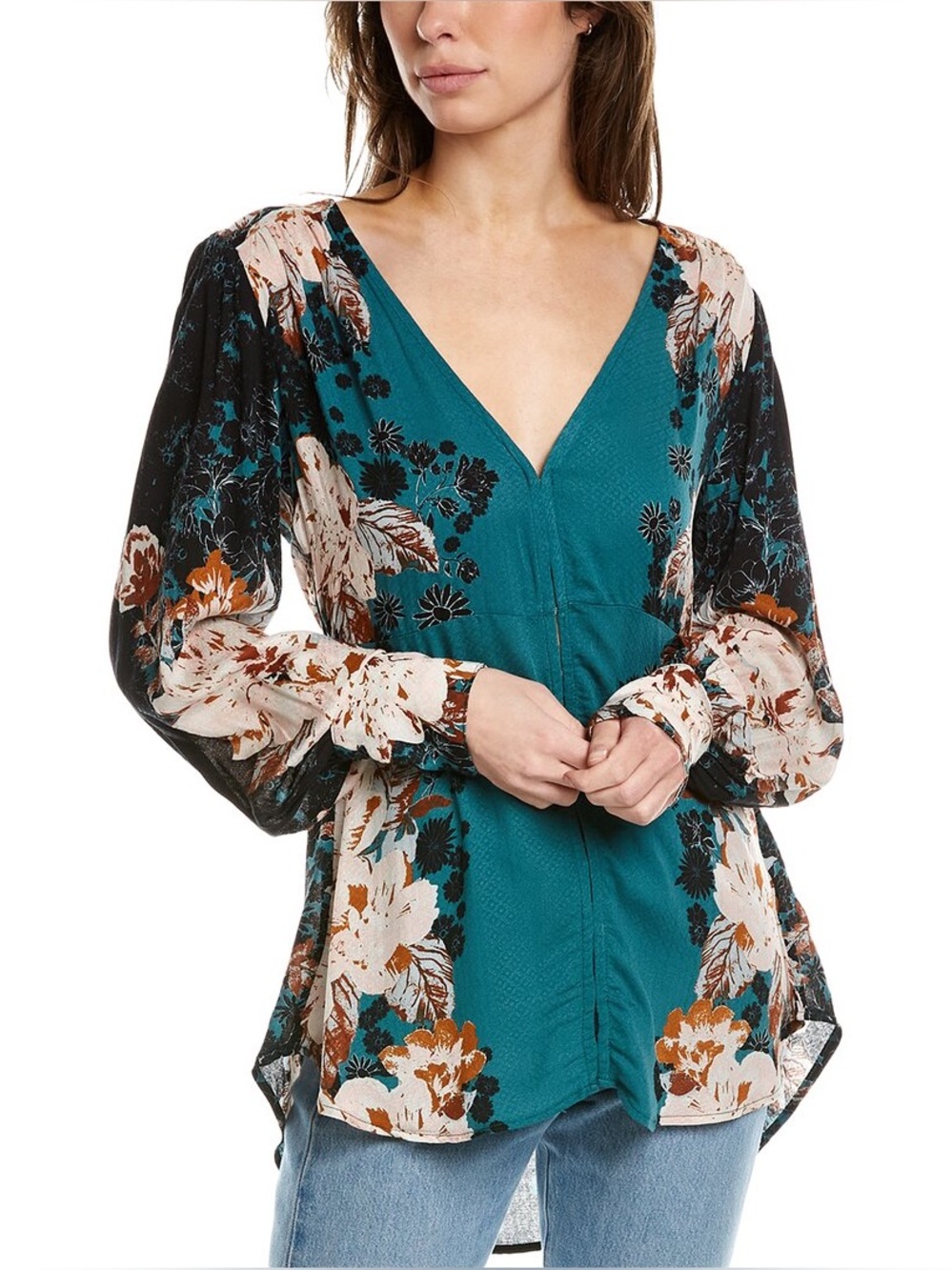 Free People Womens Multicolor Mikayla Floral V-Neck Tunic Blouse Top Size Small